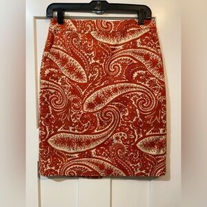 J Crew Burnt Orange and Cream Paisley Pencil Skirt